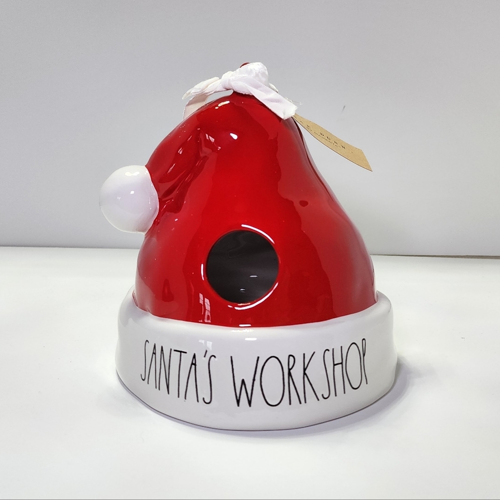 Rae Dunn "Santa's Workshop" Ceramic Santa Hat Birdhouse Red and White 7x8